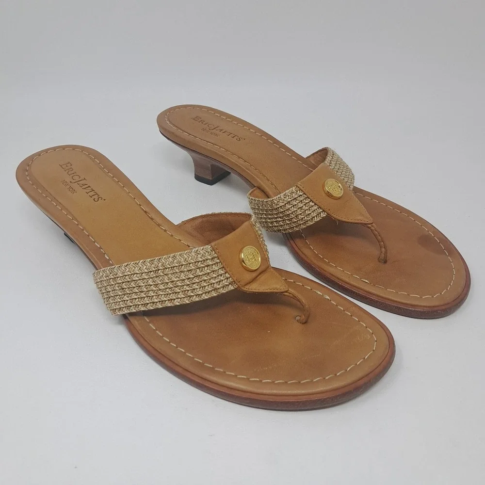 Eric Javits Woven Tan Leather Logo Kitten Heel Dress Sandal Women Sz 7 N Italy
